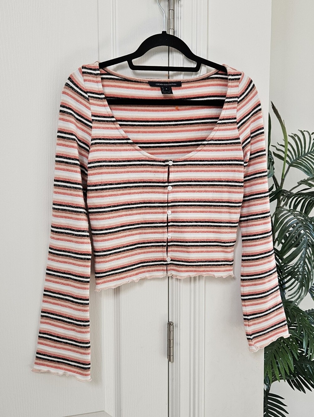 French Connection Pink Black Cream Striped Long Sleeve Button Crop Top